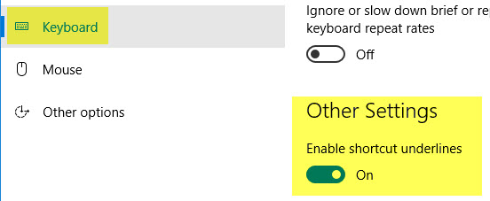 Image shows Windows 10: Settings: Keyboard: Other settings