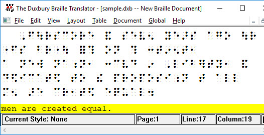 Image shows the DBT Braille editor window with the backtranslated equivalent of the line the cursor is located on.