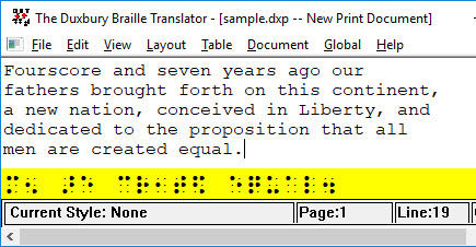 Image shows the DBT Text editor window with a yellow bar at the bottom of the window displaying the braille equivalent of the line where the cursor is located.