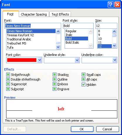 Image shows Words Font dialog.