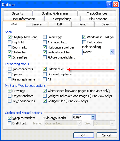 Image shows Words OPtions dialog with "Hidden Text" arrowed.