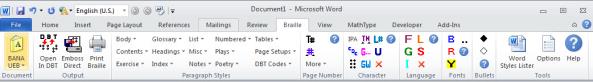 Image shows the SWIFTBraille Ribbon when BANA Literary is selected.