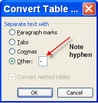 image shows Word's Convert Table dialog.