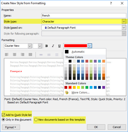 Image shows Word's New Style dialog with the font colour option showing.