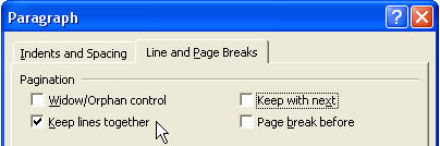 Image shows the Word for Windows Paragraph Formatting dialog's Line & Page Breaks tab with the "Keep Lines together" check boxed ticked.