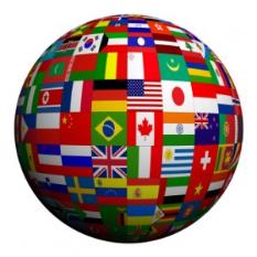 a globe made up of national flags
