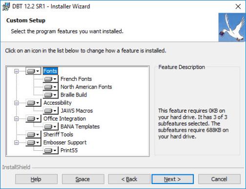 Image shows a Feature Selection dialog. There is a tree control on the left, listing features, an informatoinal panel on the right, describing the feature selected in the tree control, and buttons along the bottom labelled Help, Space, Back, Next, and Cancel.