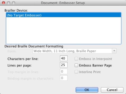 Image shows Document Embosser Setup dialog (As opposed to the Global: Embosser Setup)