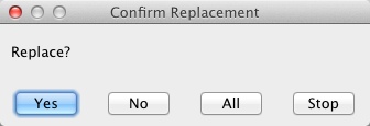 Image shows the "Confirm replace" dialog which has four buttons. Yes, No, All and Stop.