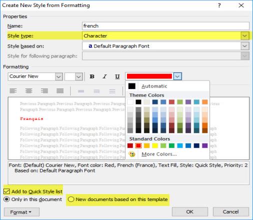 Image shows Word's New Style dialog with the font colour option showing.