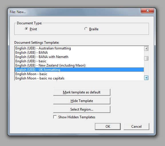 image showing the selection of the English (UEB) - UK formatting template