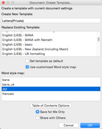 Image shows the Create Template dialog with arrow pointing at "Table of Contents Options" button.