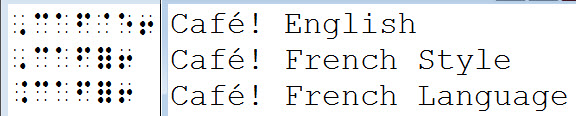 Image shows exampole of the word "Cafe" using English, French Style and Frech Language braille tables.