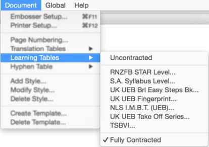 Image shows Document Drop down menu with Learning Tables sub-menu displayed.