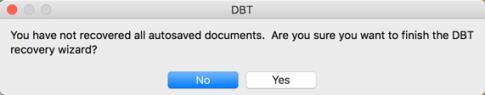 Image shows warning dialog advising that you have not recovered all documents, and asking if you wish to exit the recovery wizard.