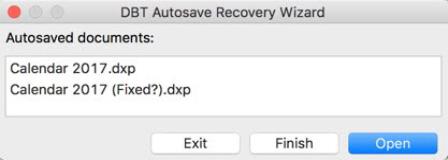 Image shows the DBT Autosave Recovery Wizard listing Autosaved documents..