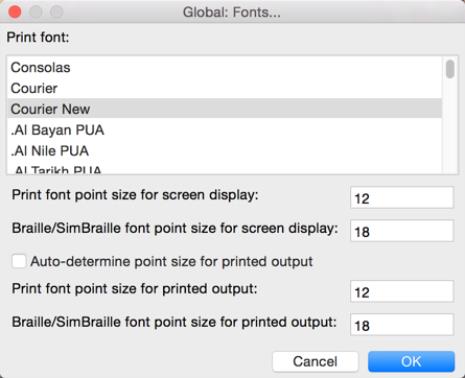 Image shows the Global: Fonts dialog