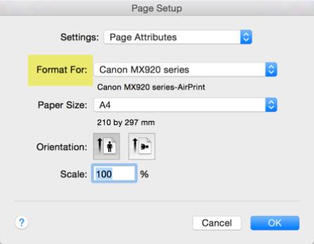 Image shows the Page Setup dialog, where the printer may also be selected