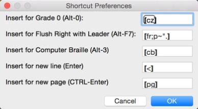 Images shows the Global: Shortcut Preferences dialog populated as follows.