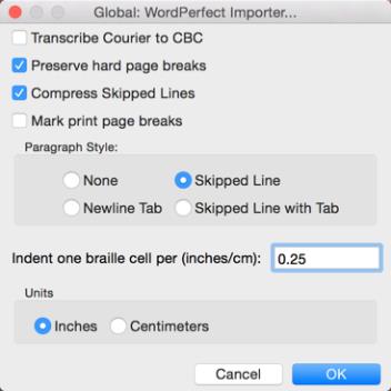 Image shows the Global: WordPerfect Importer dialog.