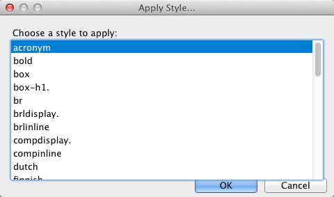 Image shows "Apply Style..." dialog with "bold" highlighted.