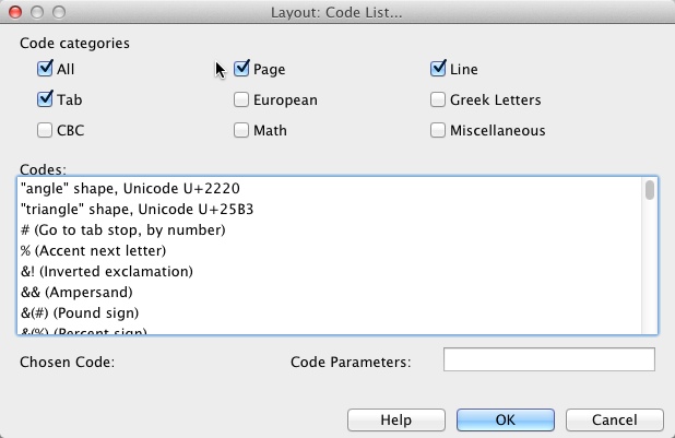 image of Layout: Code List... dialog