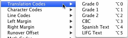 Image shows the Translation Codes selected and the available selections in a sub-menu.