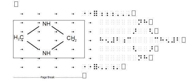 Image showing both print and Simbraille and with Word's Show/Hide turned on. Tabs can be seen which distort the positioning of the braille.