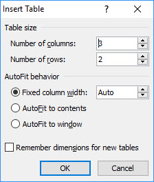 Image of Word's Insert Table dialog.