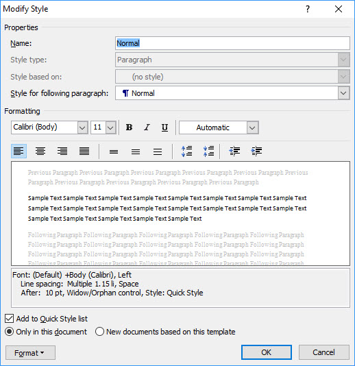 Word's Modify Style Dialog