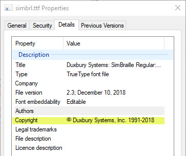 Font Copyright screen shot (Windows 10)