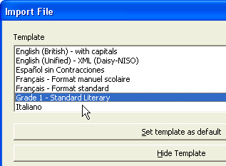 Image shows the Import File dialog with the "Grade 1 - Standard Literary" Template name in the Template list.