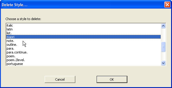 Image shows the Delete Style dialog where you may select a Style to be deleted.