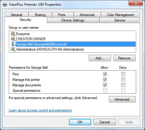 image of ViewPlus Properties dialig with Security showing Print, Manage the printer and Manage Documents check boxes checked.