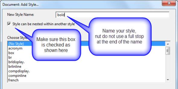Image showing "New Style Name:" as "bold", and the checkbox, "Style can be nested within another style"