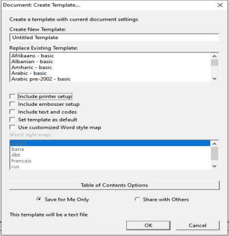 Image shows Document: Create Template dialog with points arrowed as below.