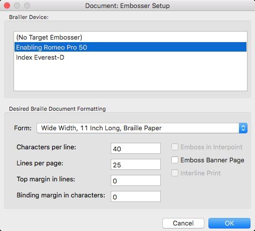 Image shows Document Embosser Setup dialog (As opposed to the Global: Embosser Setup)