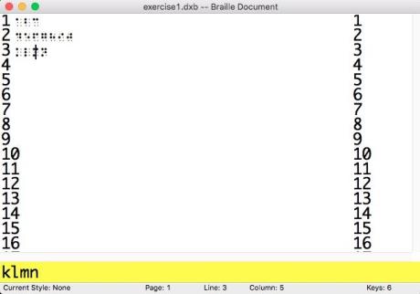 Example edit window for DBT on the Mac, showing a braille document with line numbers.