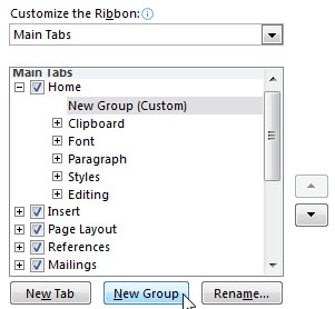 Image shows dialog for creating a new group in the ribbon.