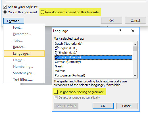 Image shows the dialogs which come up when the Format button, then Language is selected.