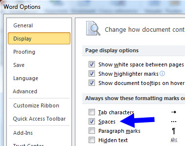 image showing Word's Options: Disaplay dialog and "Show Spaces"
