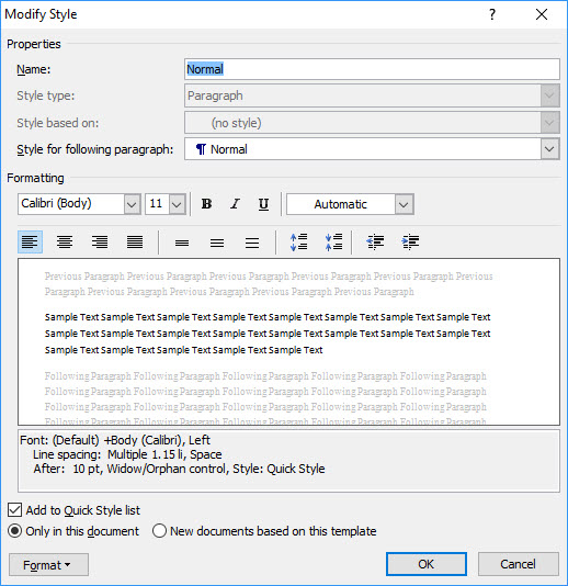 Word Style dialog