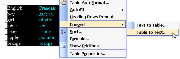 image showing part of the Word Table, plus Word's Table menu, Convert, Table to Text.