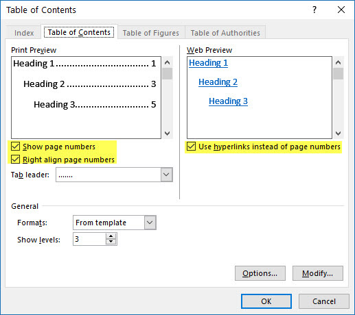 Image shows the main Table of Contents dialog box.