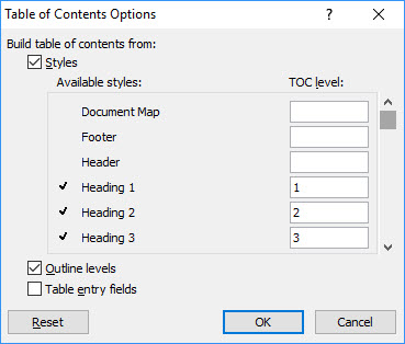 Image shows the dialog allowing you to select what Styles you wish to appear in your Table of Contents