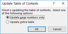 Image shows the Update Table of Contents dialog