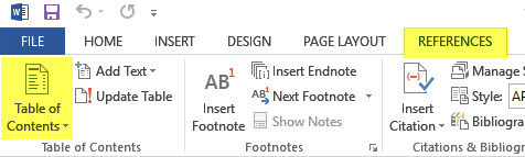 Image shows Word's References ribbon and the location of Table of Contents