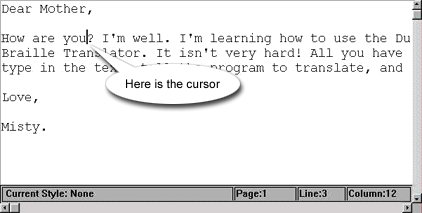 The cursor inserted at the correct point